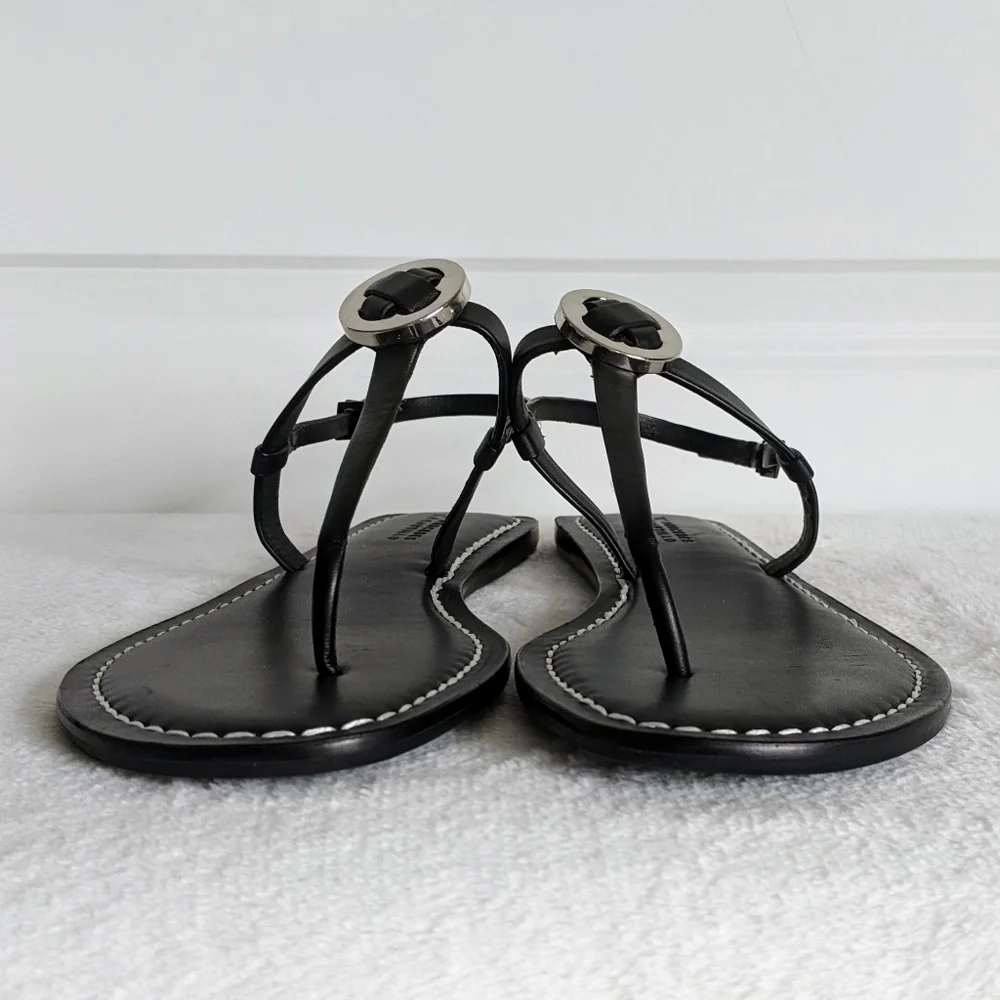 Mercedes Castillo Leather T-Strap Thong Sandal Flat Black Silver EU40 10 NWOB - Picture 9 of 15